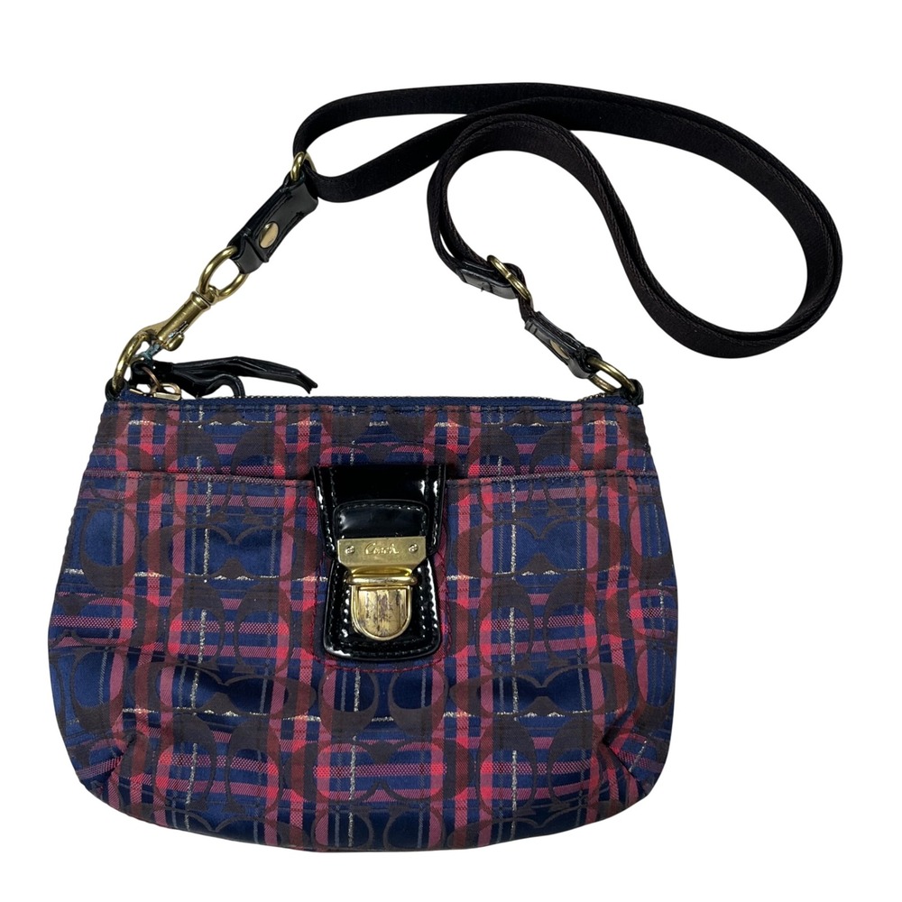 Coach Poppy Tartan Plaid Crossbody Bag Small Navy Red Signature C Y2K Purse